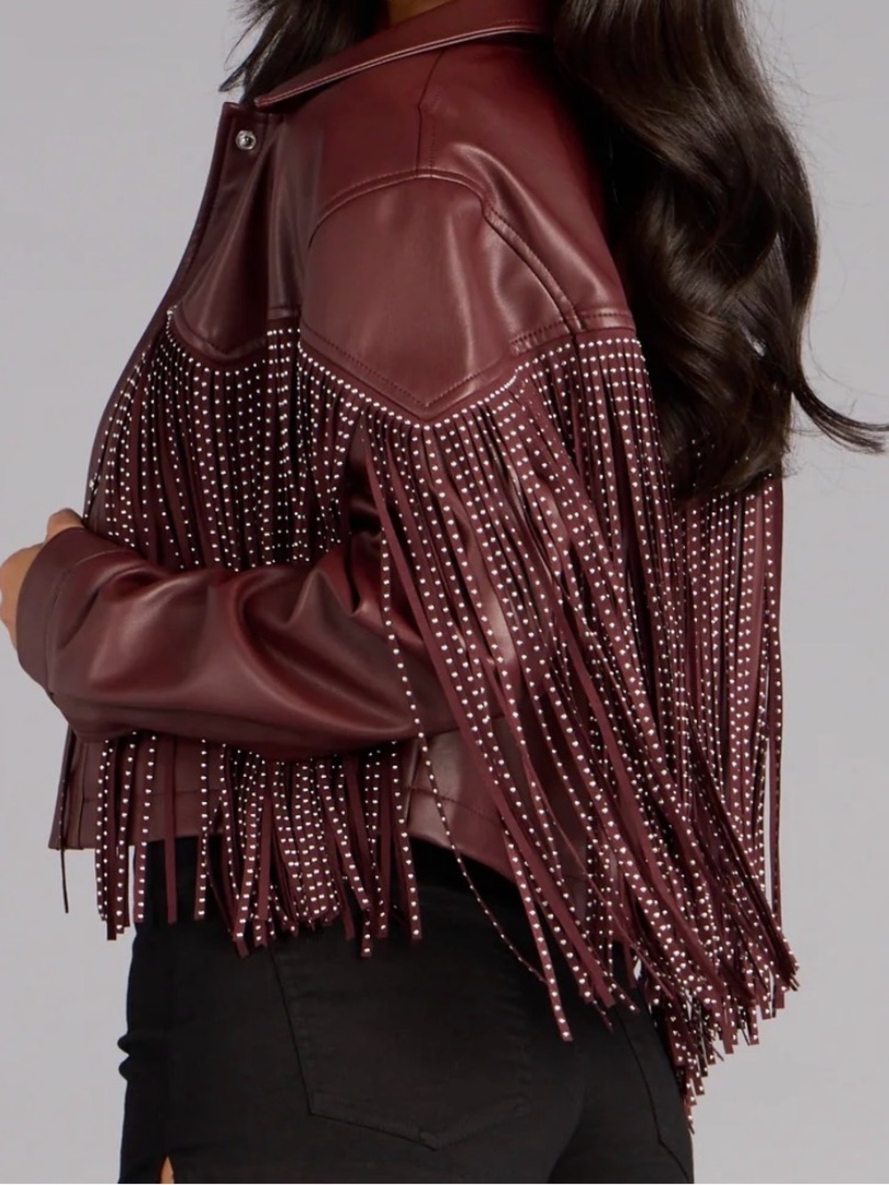 Burgundy Fringed Faux Leather Jacket - Picture 3 of 3